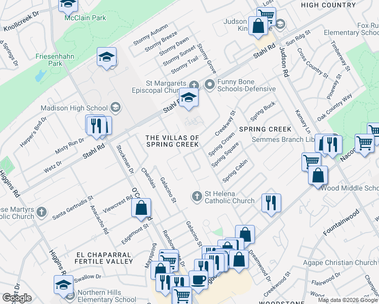 map of restaurants, bars, coffee shops, grocery stores, and more near 15327 Spring Dew in San Antonio