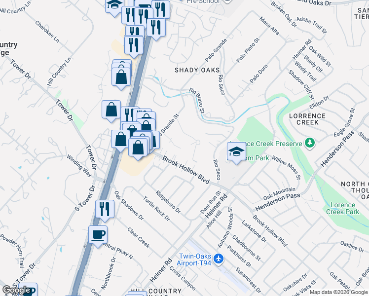 map of restaurants, bars, coffee shops, grocery stores, and more near 15102 Encino Verde Street in San Antonio