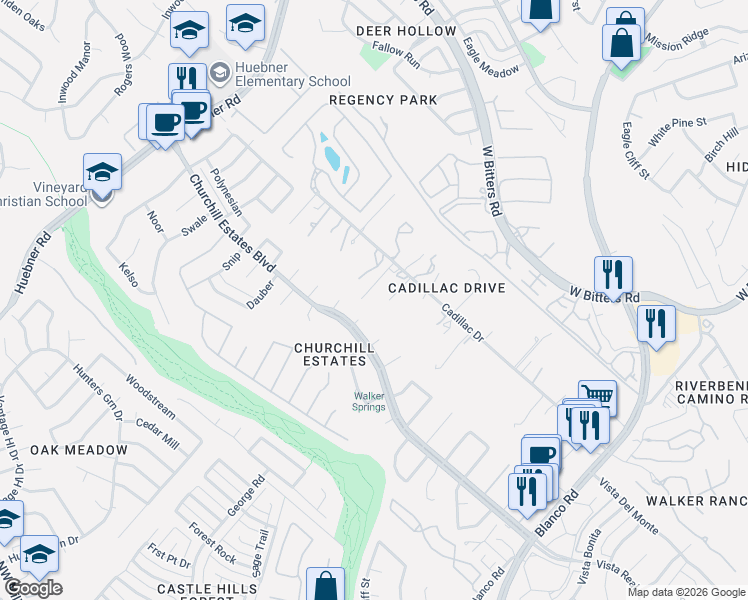 map of restaurants, bars, coffee shops, grocery stores, and more near 15105 Cadillac Drive in San Antonio