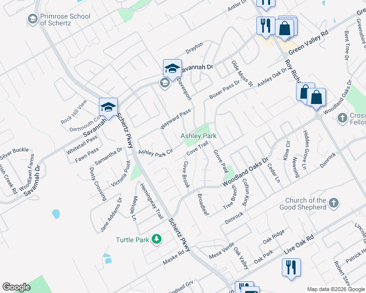 map of restaurants, bars, coffee shops, grocery stores, and more near 506 Ashley Park in Schertz