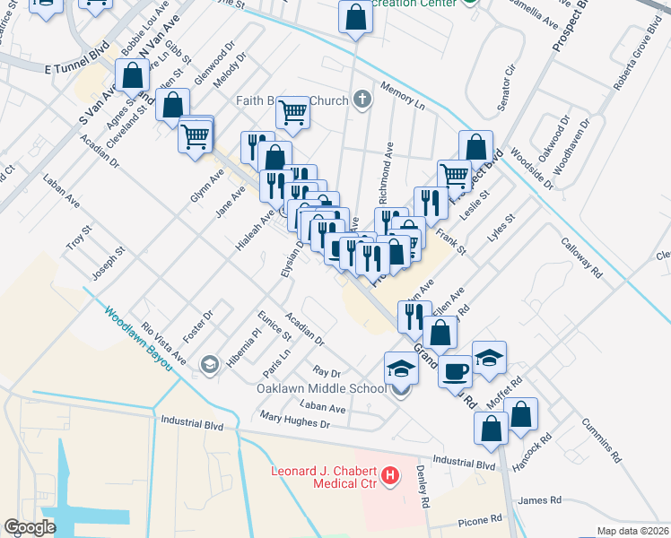 map of restaurants, bars, coffee shops, grocery stores, and more near 121 Complete Court in Houma