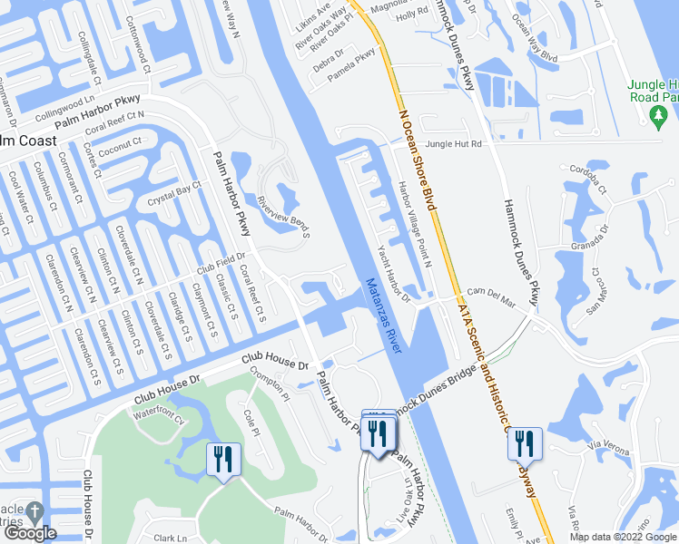 map of restaurants, bars, coffee shops, grocery stores, and more near 62 Rivers Edge Lane in Palm Coast