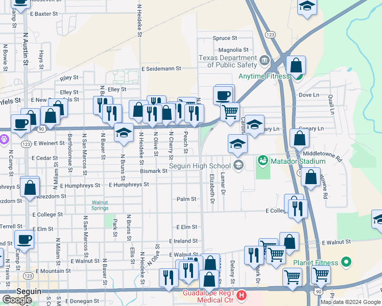 map of restaurants, bars, coffee shops, grocery stores, and more near 1058 East Cedar Street in Seguin