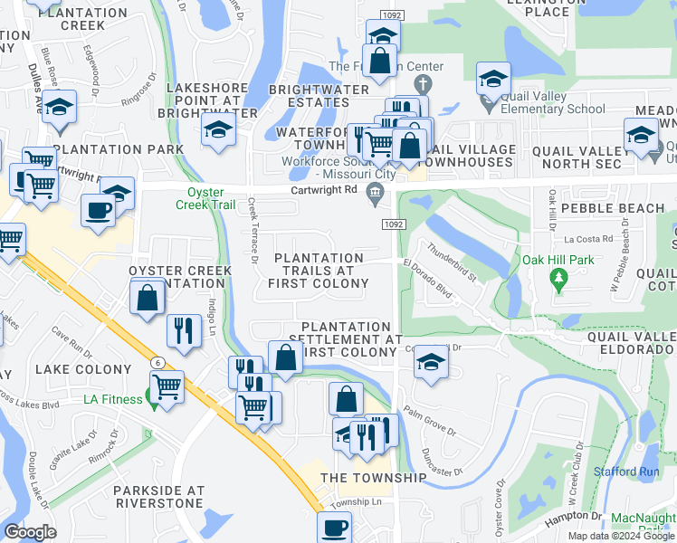 map of restaurants, bars, coffee shops, grocery stores, and more near 3914 Double Trail Court in Missouri City