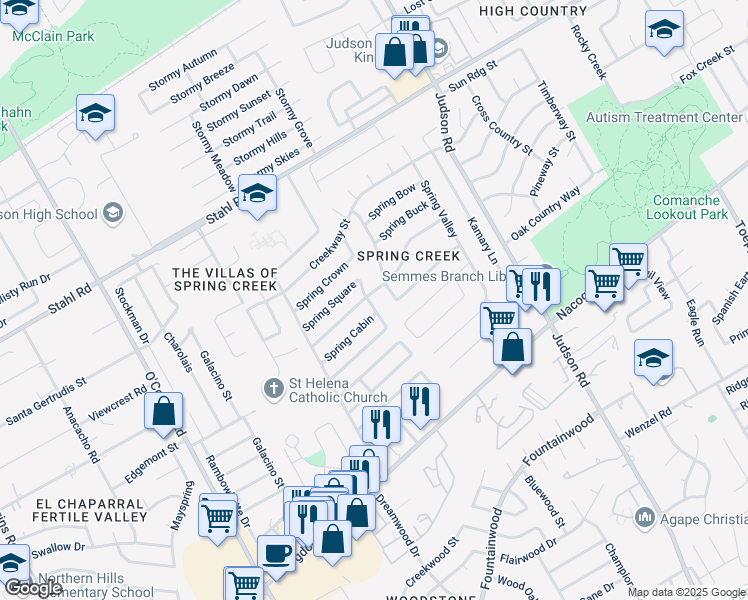 map of restaurants, bars, coffee shops, grocery stores, and more near 5879 Spring Cabin in San Antonio