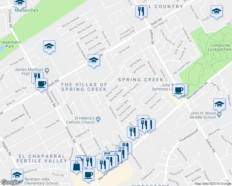 map of restaurants, bars, coffee shops, grocery stores, and more near 5847 Spring Square in San Antonio