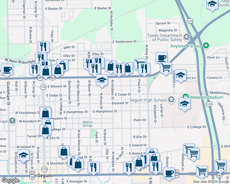 map of restaurants, bars, coffee shops, grocery stores, and more near 906 East Cedar Street in Seguin