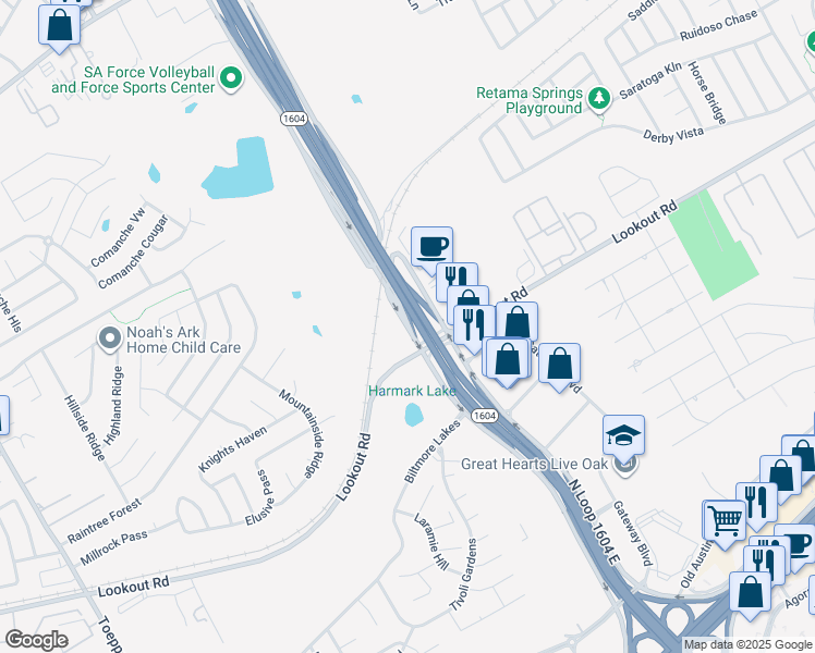 map of restaurants, bars, coffee shops, grocery stores, and more near 15191 Lookout Road in San Antonio