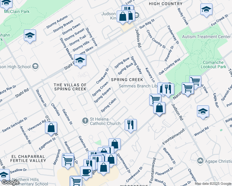 map of restaurants, bars, coffee shops, grocery stores, and more near 5879 Spring Cabin in San Antonio
