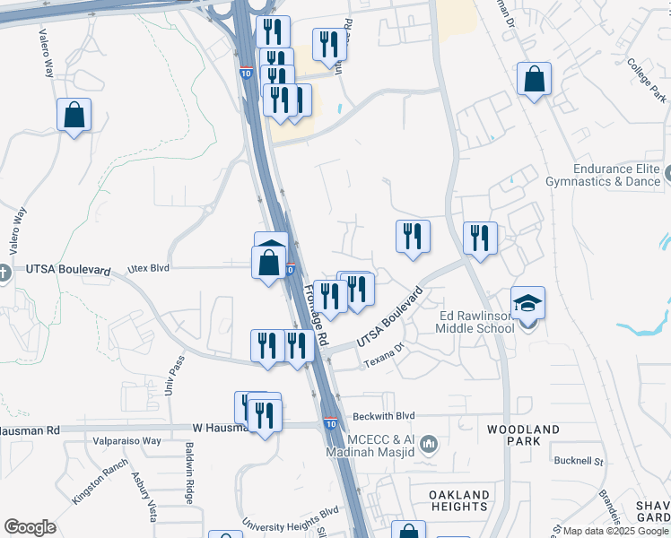map of restaurants, bars, coffee shops, grocery stores, and more near 5511 Pecan Springs Road in San Antonio