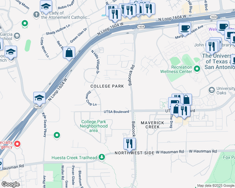 map of restaurants, bars, coffee shops, grocery stores, and more near 14215 Babcock Road in San Antonio