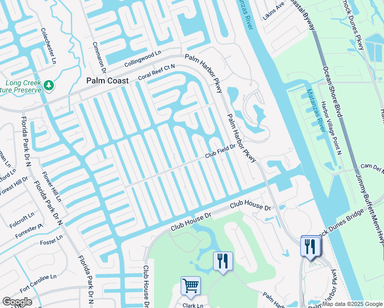 map of restaurants, bars, coffee shops, grocery stores, and more near 2 Claridge Court South in Palm Coast