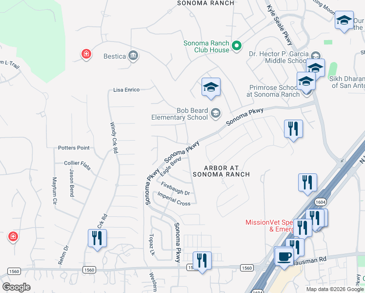 map of restaurants, bars, coffee shops, grocery stores, and more near 8911 Eagle Bend in Helotes