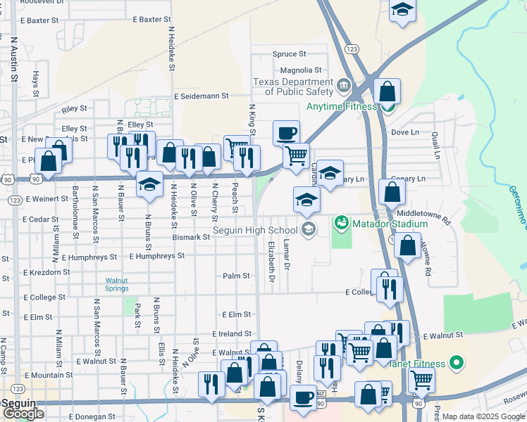 map of restaurants, bars, coffee shops, grocery stores, and more near 1087 North King Street in Seguin