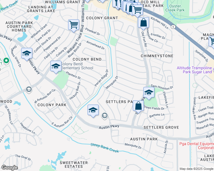map of restaurants, bars, coffee shops, grocery stores, and more near 3106 Mesquite Drive in Sugar Land