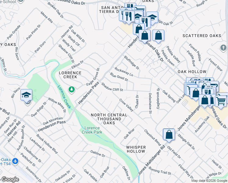 map of restaurants, bars, coffee shops, grocery stores, and more near 2431 Crow Valley in San Antonio