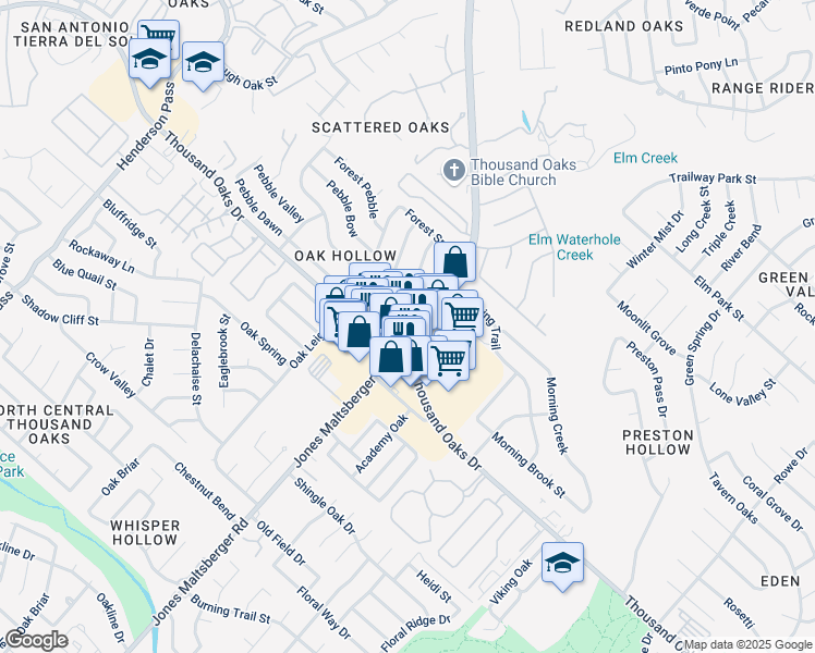 map of restaurants, bars, coffee shops, grocery stores, and more near 2882 Thousand Oaks Drive in San Antonio