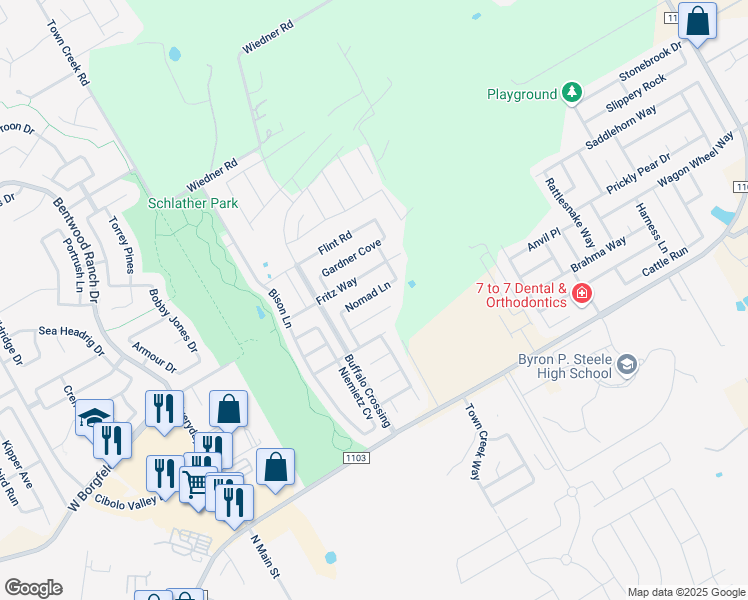 map of restaurants, bars, coffee shops, grocery stores, and more near 229 Comanche Trail in Cibolo