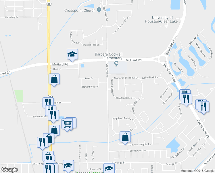 map of restaurants, bars, coffee shops, grocery stores, and more near 1723 Old Alvin Road in Pearland