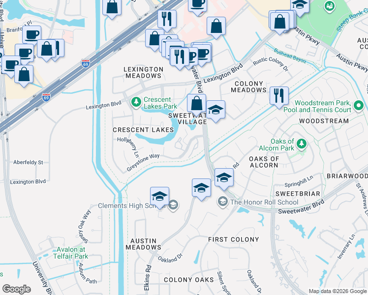 map of restaurants, bars, coffee shops, grocery stores, and more near 9 Greystone Way in Sugar Land