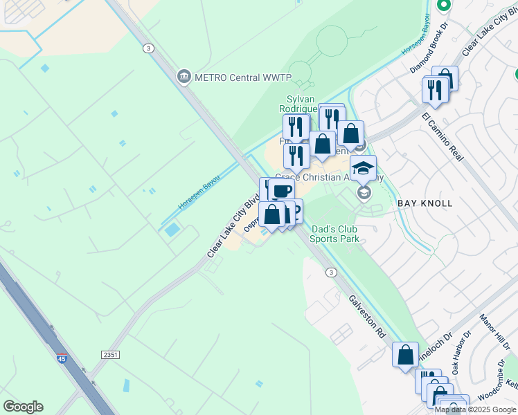 map of restaurants, bars, coffee shops, grocery stores, and more near 13902 State Highway 3 in Webster