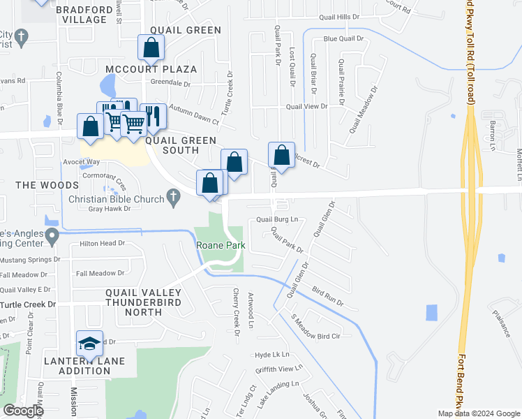 map of restaurants, bars, coffee shops, grocery stores, and more near 8611 Running Bird Lane in Missouri City