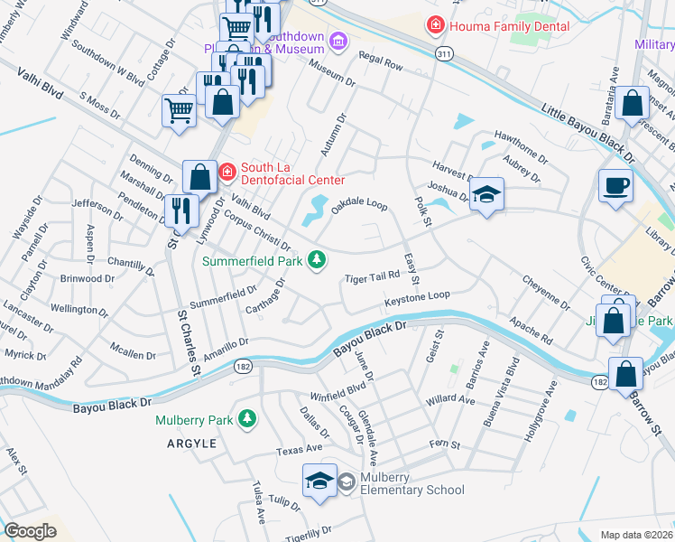 map of restaurants, bars, coffee shops, grocery stores, and more near 407-421 Valhi Blvd in Houma