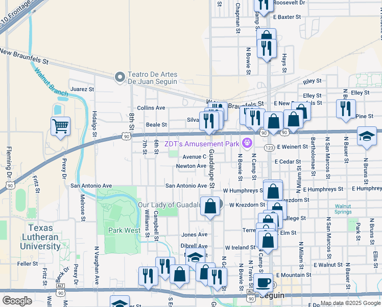 map of restaurants, bars, coffee shops, grocery stores, and more near 532 Avenue B in Seguin