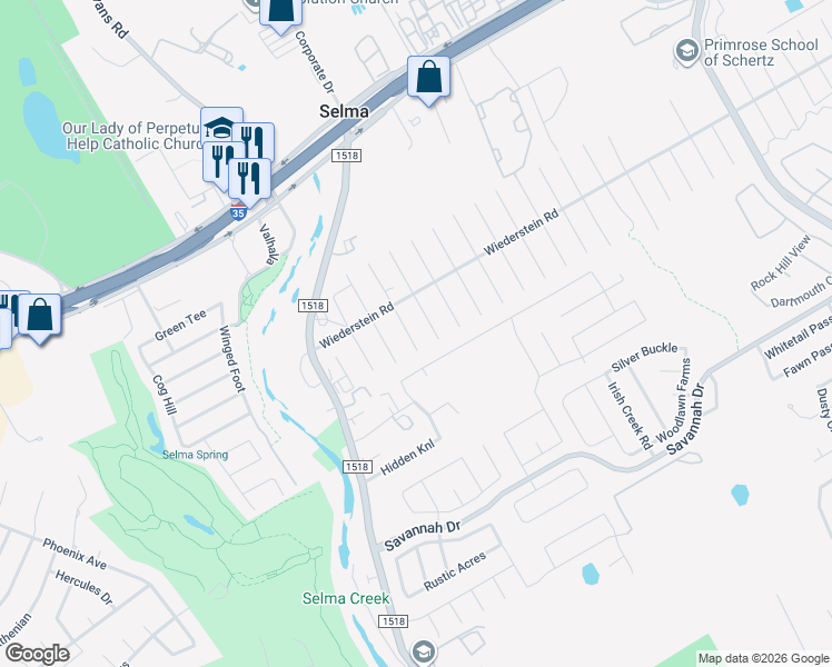 map of restaurants, bars, coffee shops, grocery stores, and more near 15412 Albrecht Lane in Selma