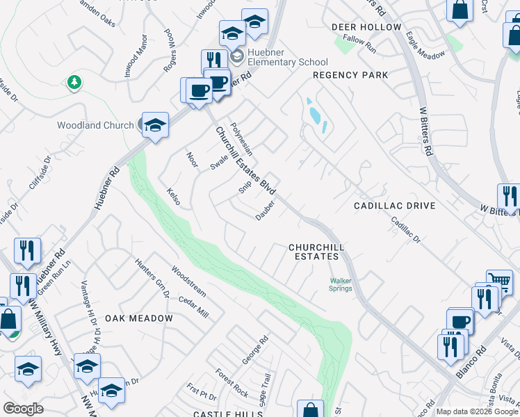 map of restaurants, bars, coffee shops, grocery stores, and more near 14615 Porterhouse in San Antonio