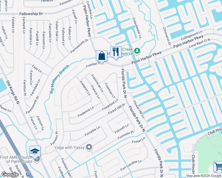 map of restaurants, bars, coffee shops, grocery stores, and more near 19 Freeman Lane in Palm Coast