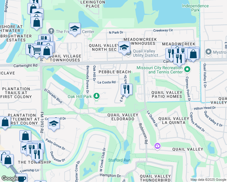 map of restaurants, bars, coffee shops, grocery stores, and more near 3226 Hunterwood Drive in Missouri City
