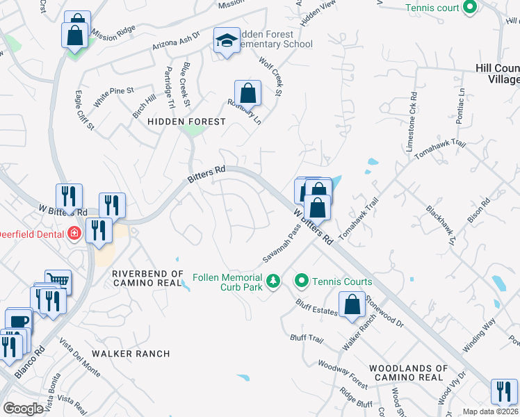 map of restaurants, bars, coffee shops, grocery stores, and more near 40 Greens Shade in San Antonio