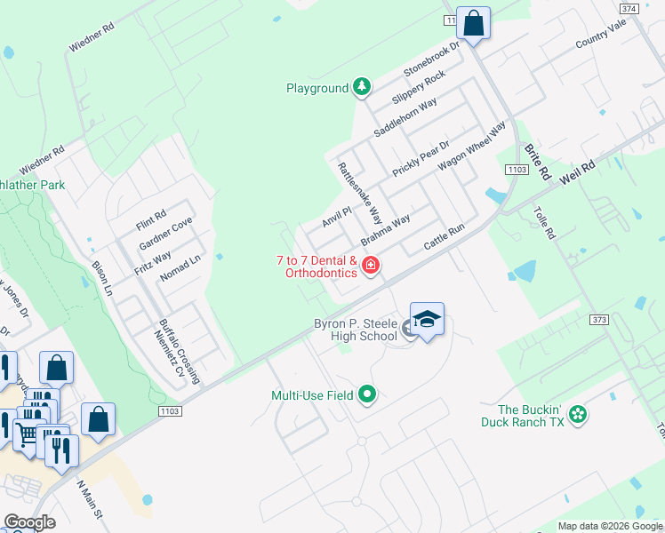 map of restaurants, bars, coffee shops, grocery stores, and more near 128 Brahma Way in Cibolo