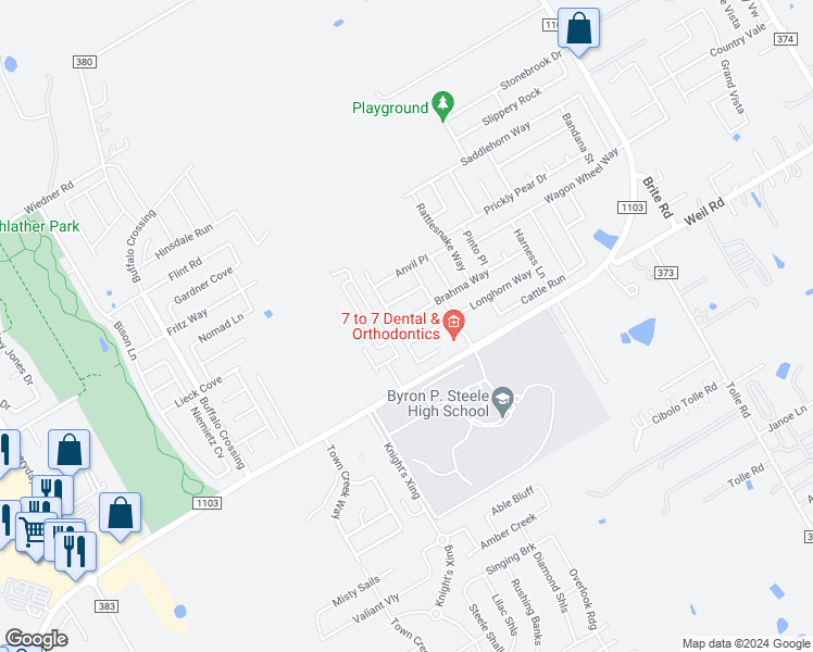 map of restaurants, bars, coffee shops, grocery stores, and more near 105 Brahma Way in Cibolo