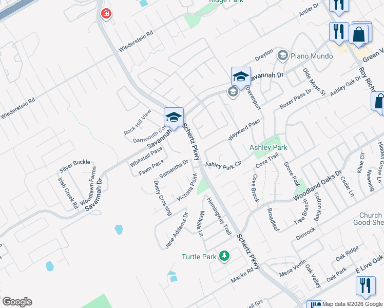 map of restaurants, bars, coffee shops, grocery stores, and more near 3501 Peachtree Lane in Schertz
