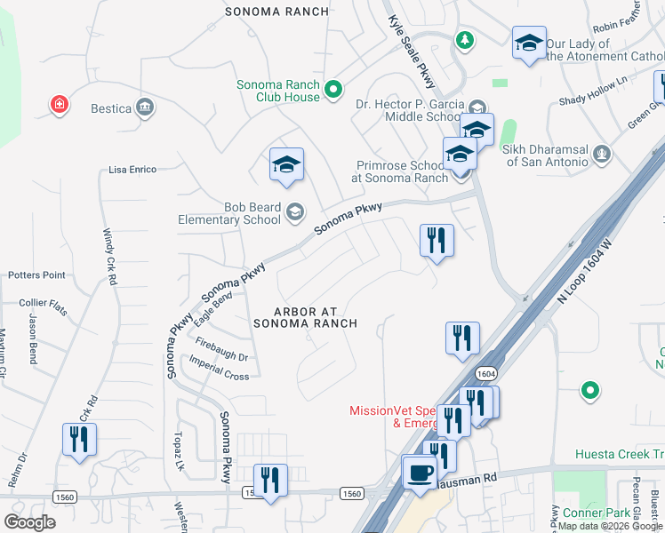 map of restaurants, bars, coffee shops, grocery stores, and more near 8640 Eagle Peak in Helotes