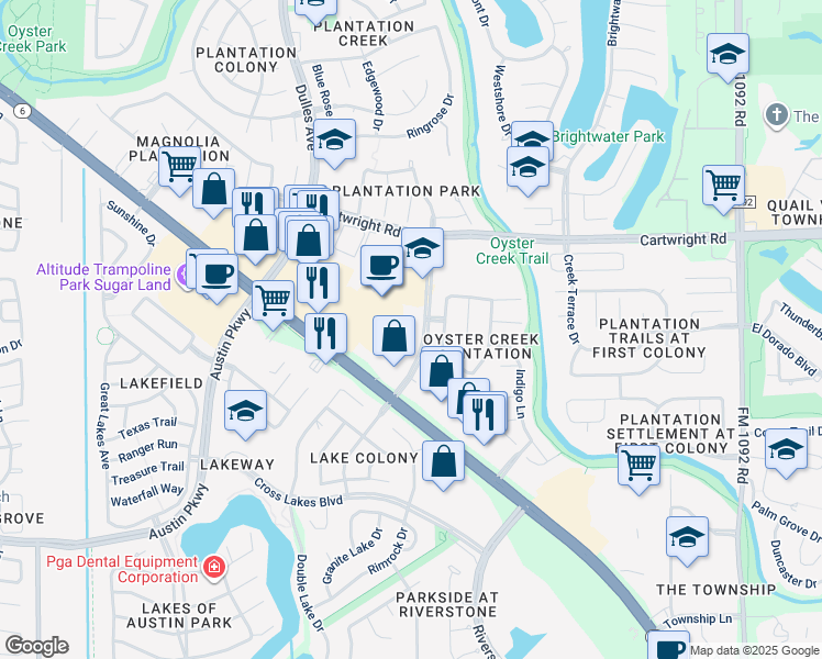 map of restaurants, bars, coffee shops, grocery stores, and more near 2974-2996 Colonial Lakes Drive in Missouri City