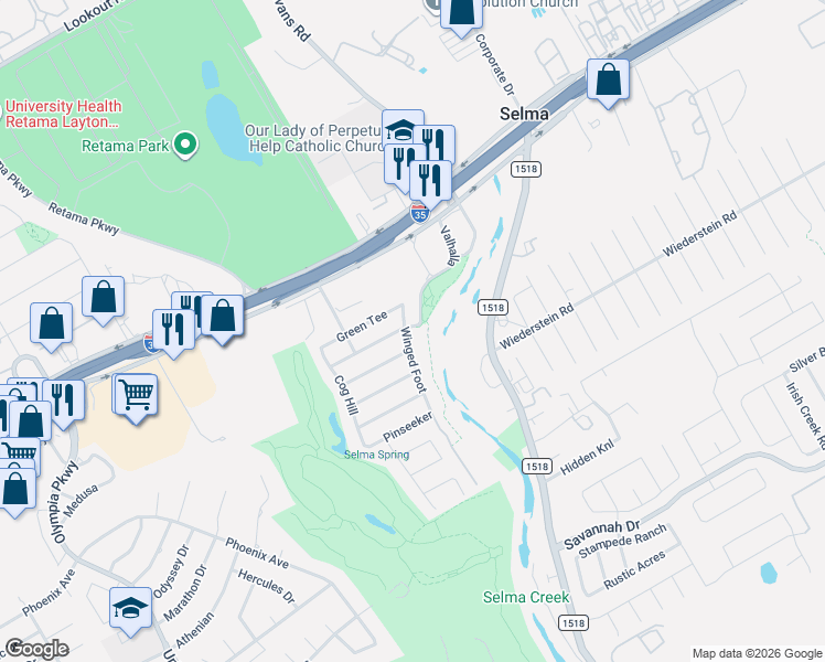 map of restaurants, bars, coffee shops, grocery stores, and more near 15410 Winged Foot in Selma