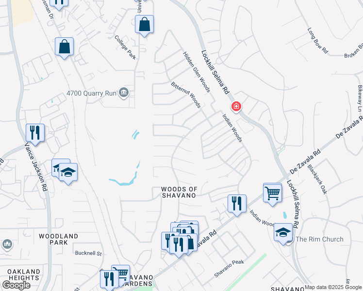 map of restaurants, bars, coffee shops, grocery stores, and more near 4502 Western Pine Woods in San Antonio