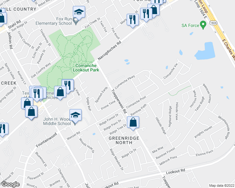 map of restaurants, bars, coffee shops, grocery stores, and more near 15306 Toepperwein Road in San Antonio