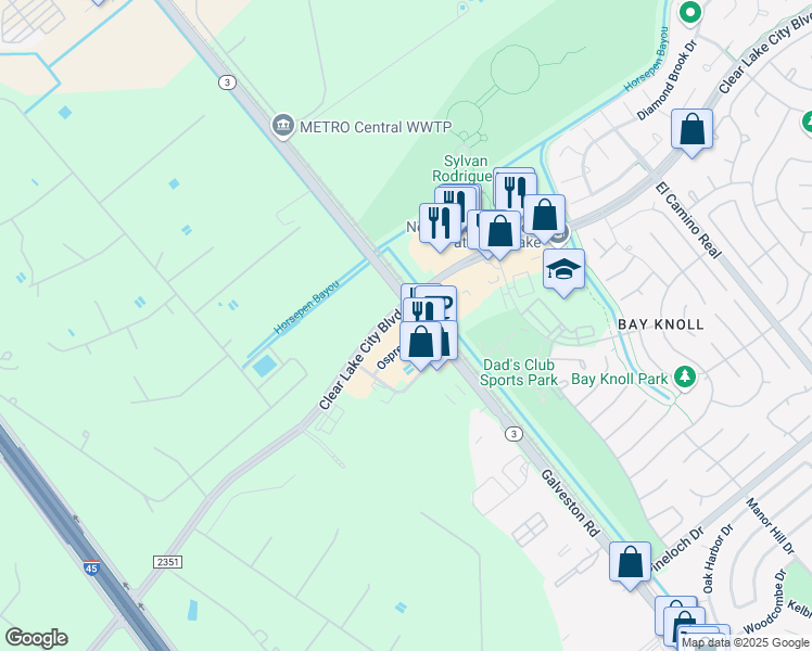map of restaurants, bars, coffee shops, grocery stores, and more near 13902 Texas 3 in Webster
