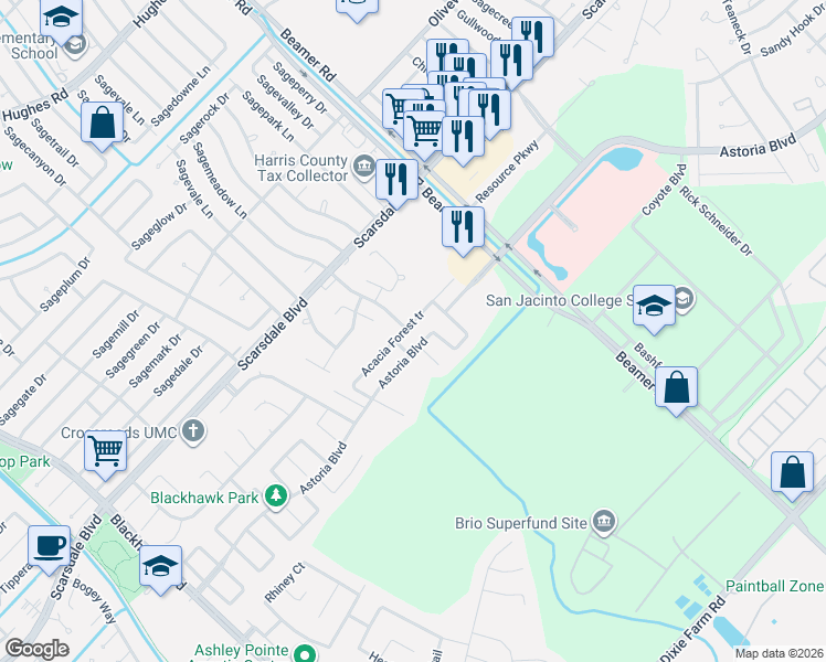 map of restaurants, bars, coffee shops, grocery stores, and more near 10611 Acacia Forest tr in Houston
