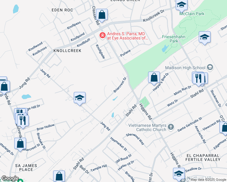 map of restaurants, bars, coffee shops, grocery stores, and more near 14402 Briarberry Street in San Antonio