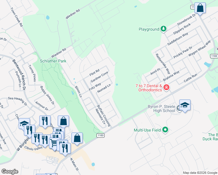 map of restaurants, bars, coffee shops, grocery stores, and more near 261 Fritz Way in Cibolo
