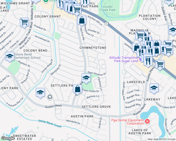 map of restaurants, bars, coffee shops, grocery stores, and more near 3118 Whetrock Lane in Sugar Land