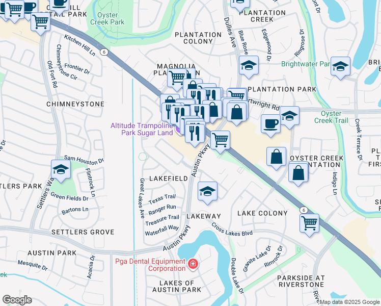 map of restaurants, bars, coffee shops, grocery stores, and more near 4650 Highway 6 in Sugar Land