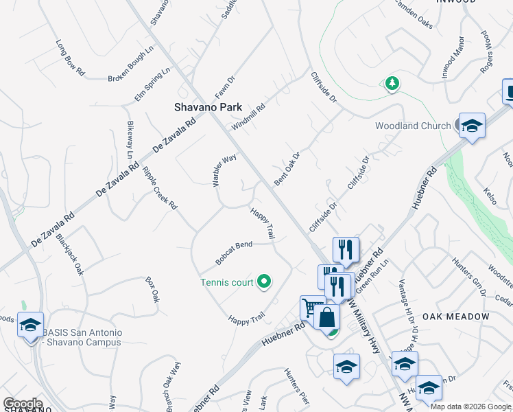 map of restaurants, bars, coffee shops, grocery stores, and more near 102 Warbler Way in Shavano Park