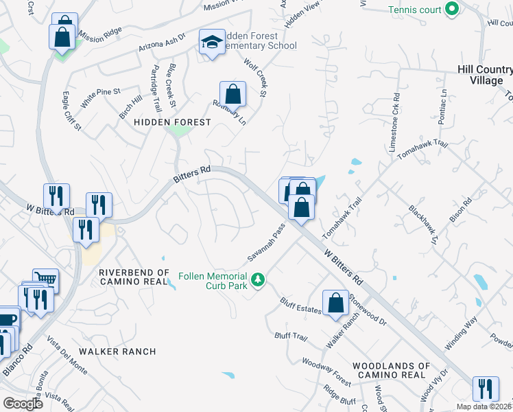 map of restaurants, bars, coffee shops, grocery stores, and more near 13601 Treasure Trail Drive in San Antonio