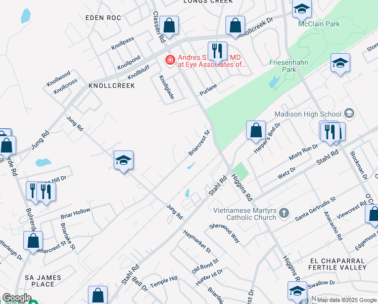 map of restaurants, bars, coffee shops, grocery stores, and more near 14402 Briarberry Street in San Antonio